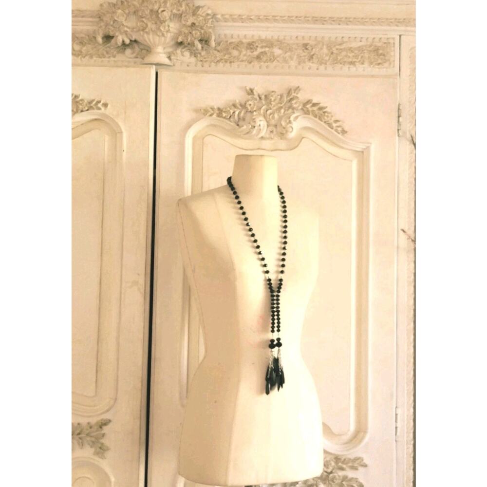 Black Faceted Onyx Necklace 22" Drop Tassel Pendant Statement Fashion Jewelry
